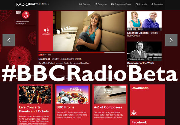Screenshot of the new BBC Radio 3 beta homepage, June 2012