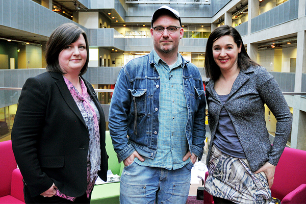 Photographs from the Glasgow International Festival of Visual Arts evening at BBC Scotland - from left to right festival director Katrina Brown, artist Robbie Thompson with Book and Culture Cafe presenter Clare English.