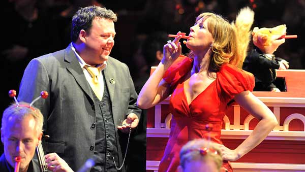 Picture of Red Nose Concert presenters Katie Derham, Basil Brush and the Guinness World Records adjudicator