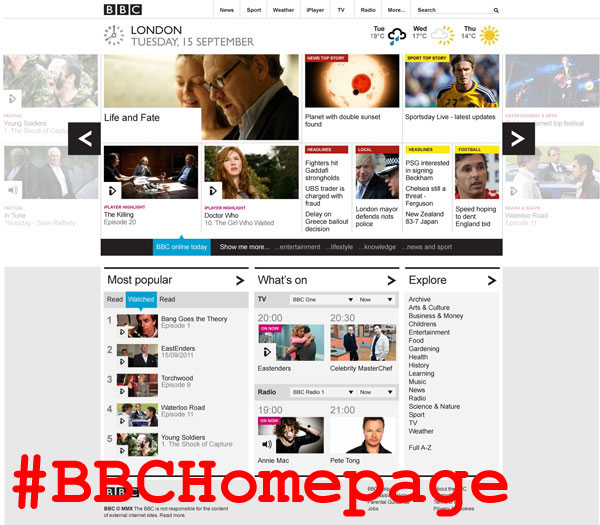 Screenshot of the new BBC homepage, launching in beta testing on 21 September 2011, with the hashtag #BBCHomepage