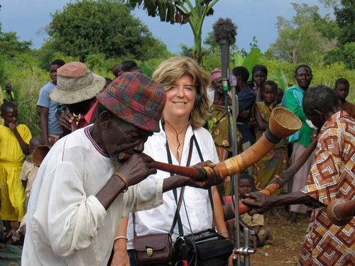 Lucy Duran recording a trumpet in rural Uganda for BBC Radio 3 World Music Archive.