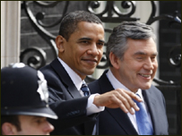 Barack Obama and Gordon Brown outside number 10