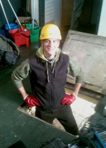 Lindsay heads down through the hatch into the starling roost