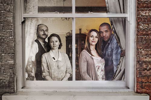Walter (Jack Deam), Gracie (Rebecca Callard), Ellie (Eva Pope) and Nick (Joe Dixon) framed by a window