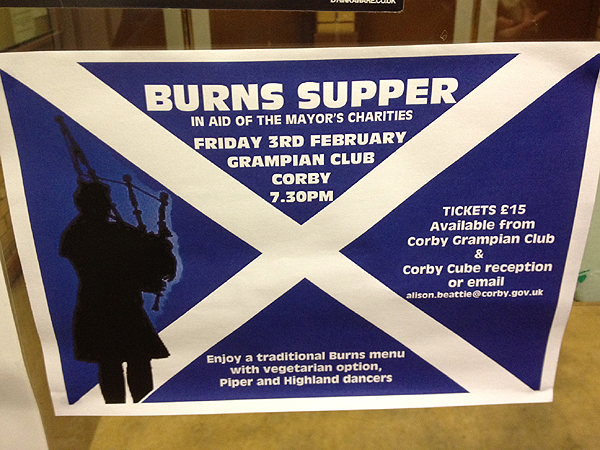Burns supper advert in Corby, Northants