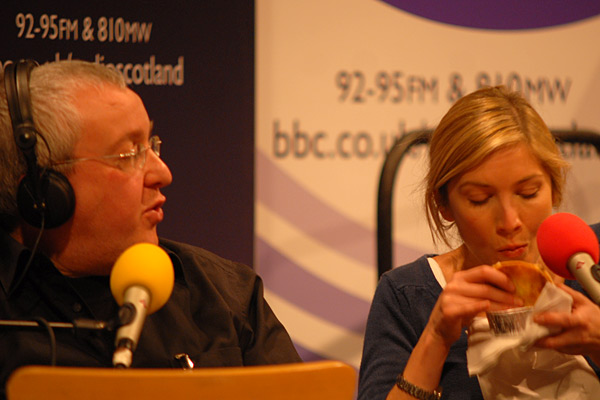 Stuart Cosgrove and Lisa Faulkner tasting pies at the BBC Good Food Show