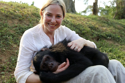Dr Alice Roberts with a chimpanzee