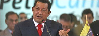Venezuela's President Hugo Chavez speaks during the opening ceremony of the Petrocaribe Summit in Maracaibo, Venezuela, Sunday, July 13, 2008