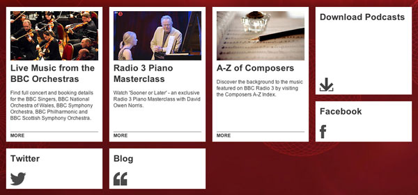 The boxes from the new BBC Radio 3 web site.