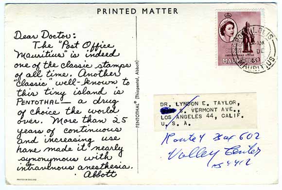 pentathol postcard from Mauritius, rear view