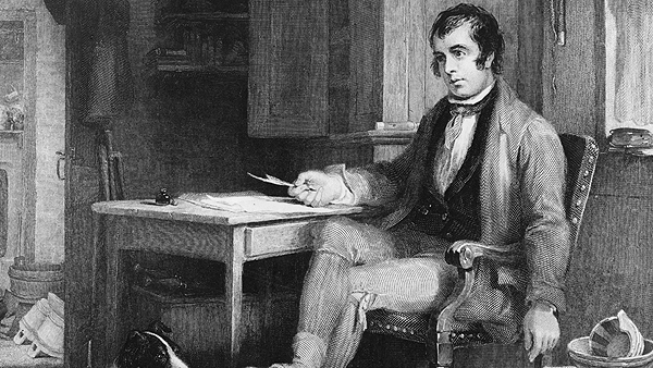 Scottish poet Robbie Burns (1759 - 1796) in his cottage composing 'The Cotter's Saturday Night'. Robert Burns was born in Alloway, Ayrshire, the son of a farmer. In 1786 he published 'Poems, chiefly in the Scottish dialect' with a view to raising funds to emigrate to the West Indies. The success of the volume induced him to stay. He married Jean Armour, the mother of his children in 1788. Burns farmed at Ellisland until 1791 and also worked for the Excise Service to supplement his income. Most of his later literary work consisted of songs and he wrote many of his most famous works for 'A Collection of Original Scottish Airs' which included 'Auld Lang Syne', 'A Red, Red Rose' and 'Scots Wha Hae'. Burns died on July 21st 1796. His life and work are celebrated on Burns Night, 25th January. (Photo by Hulton Archive/Getty Images),