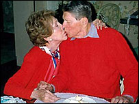 Former US president Ronald Reagan and his wife Nancy on his 89th birthday.