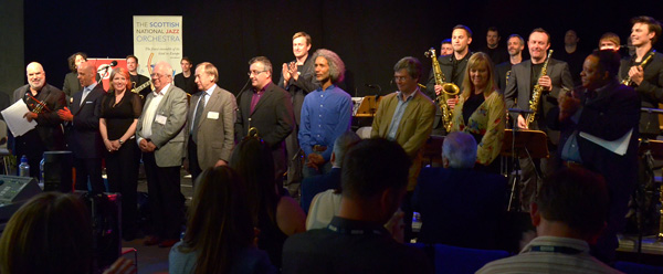 Jazz concert at BBC Pacific Quay in Glasgow featuring BBC Radio jazz presenters and members of the Scottish National Jazz Orchestra