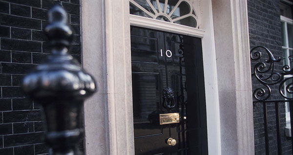 The front door of 10 Downing St, London. Residence of the Prime Minister.