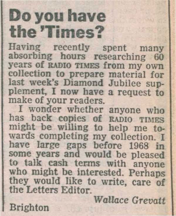 Letter in the Radio Times from 1983