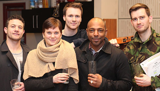 The cast of Red and Blue on BBC Radio 4 (L to R): Warren Brown, Liz White, Paddy Wallace, Don Gilet, Ifan Meredith (18 April 2012)