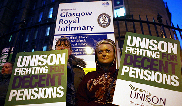 Public sector workers picket outside the Royal Infirmary Hospital on November 30, 2011 in Glasgow, Scotland. More than 2 million public sector workers are staging a nationwide strike over cuts to their public sector pensions. The strike began at midnight leading to the closure of most state schools, disruption to rail and tunnel services, delays at border areas inside airports and ferry terminals and the postponement of thousands of non-emergency hospital operations. The TUC has said it is the biggest stoppage in more than 30 years, with hundreds of marches and rallies due to take place in cities and towns across the UK.