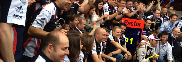 Williams team celebrate Maldanado's victory