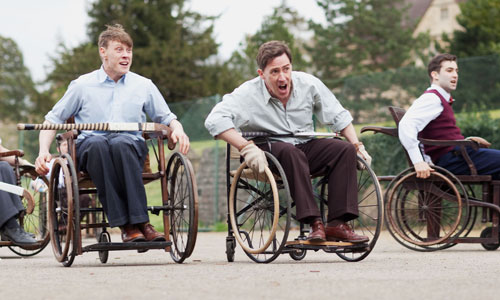 Private William Heath (George MacKay) and Corporal Wynne Bowen (Rob Brydon) playing wheelchair hockey