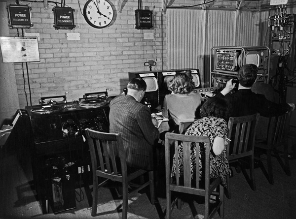 The television control room at BBC Broadcasting Centre, Wembley for the1948 Olympic Games, held in London where pictures from the Empire Pool and Empire Stadium were switched before being transmitted to Alexandra Palace. 