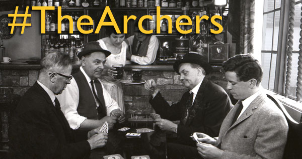 Bill Payne and Ned Larkin, Bob Arnold as Tom Forrest, Hilary Newcombe as Polly Perks, Denis Folwell as Jack Archer, Chris Gittins as Walter Gabriel and Alan Devereux as Sid Perks. The Bull, Ambridge, a game of crib watched by the Landlord and Polly.