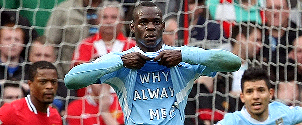 Manchester City's Mario Balotelli celebrates after scoring against Manchester United