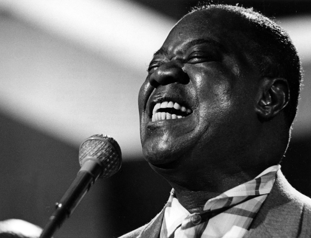 Black and white photograph of Louis Armstrong in 1965, from the BBC picture archive.