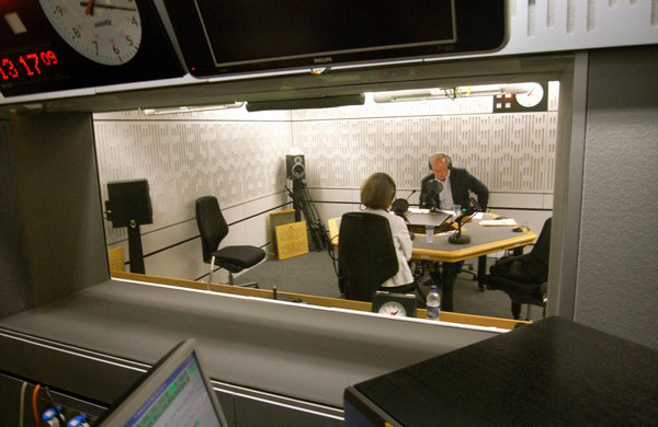 Gwyneth Williams and Roger Bolton recording Feedback for BBC Radio 4 in studio 70B, Broadcasting House on 27 July 2011.
