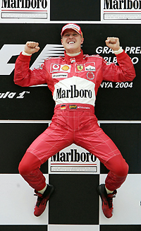 Michael Schumacher celebrating his 2004 Spanish GP win for Ferrari