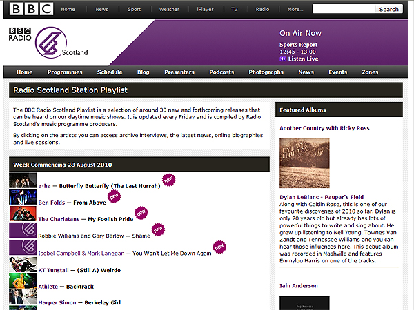 BBC Radio Scotland playlist page