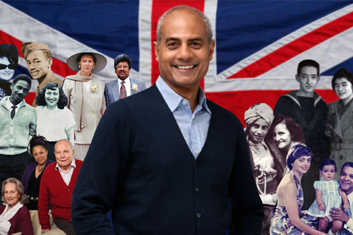 George Alagiah in front of a Union Jack flag and montage of contributors to the Mixed Britannia series