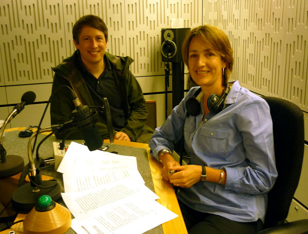 Joe Cornish and Francine Stock in the studio for Radio 4's Film Progamme.