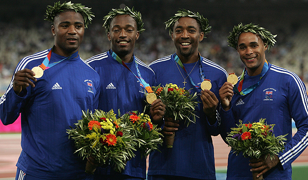 The victorious GB mens 4x100m relay Gold medallists from the 2004 Athens Olympics