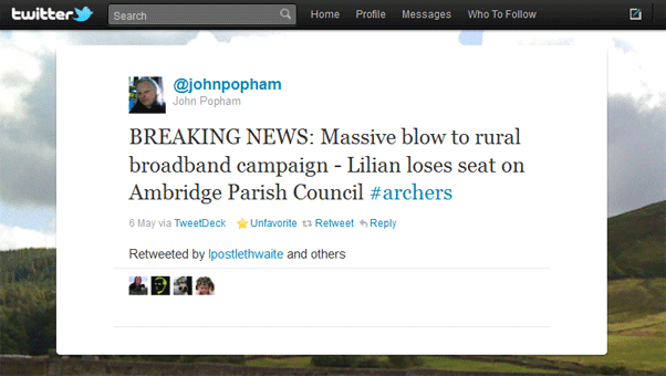 BREAKING NEWS: Massive blow to rural broadband campaign - Lilian loses seat on Ambridge Parish Council #archers (posted on Twitter by @johnpopham)