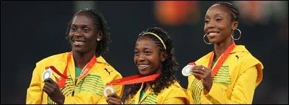 (L-R) Jamaica at 2008 Olympics: Joint silver medalist Sherone Simpson, gold medalist Shelly-Ann Fraser, and joint silver medalist Kerron Stewart 