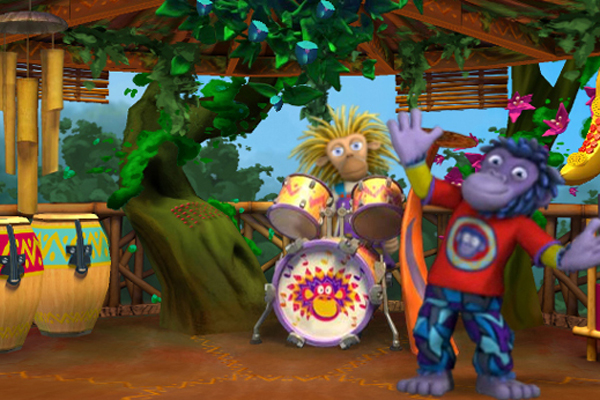 A screenshot from the interactive online aspect of the ZingZillas as Drum and Zak make music in the clubhouse