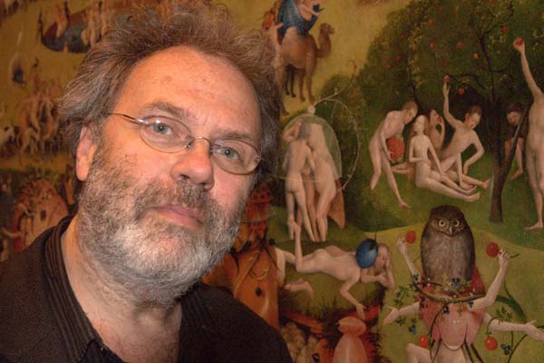 Presenter Matthew Collings in front of Bosch's Garden Of Earthy Delights