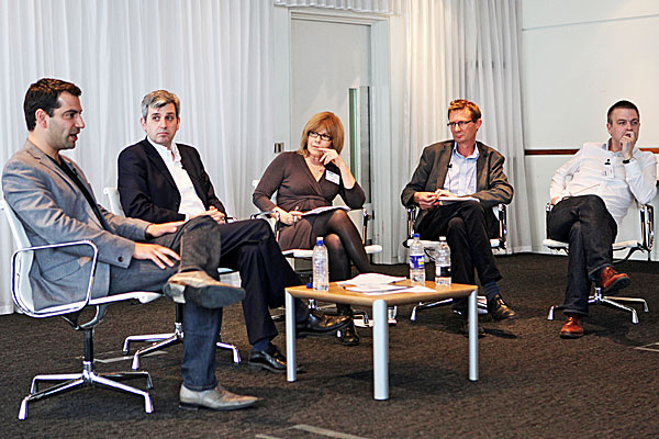  Maggie Philbin with Google's Peter Barron, Daniel Danker from the BBC, digital consultant Nic Newman and Fremantle Media's Peter Cassidy. 17th May, 2012 at TV Fast Train.