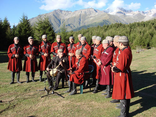 Picture shows musicians in Svaneti, Goergia for BBC Radio 3 World Music Archive. 