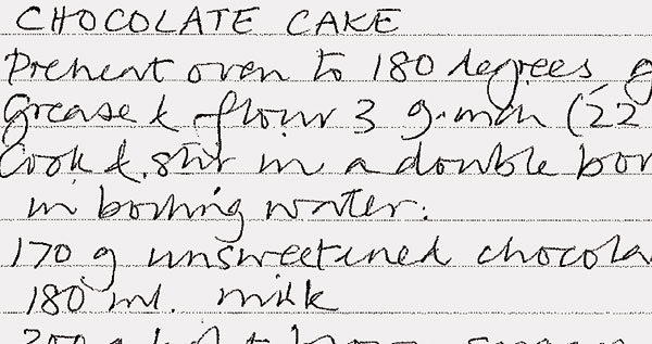 Part of Lisa Jardine's choclate cake recipe, hand-written by Lisa herself.