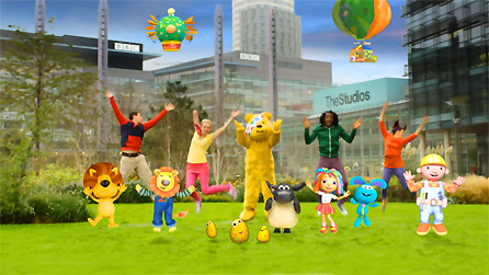 CBeebies presenters and characters with Pudsey. 
