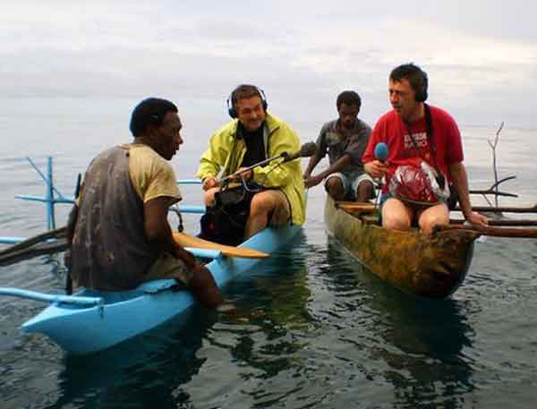 Photo of Andy Kershaw and the Radio 3 team recording fishermen for Music Planet: Oceans