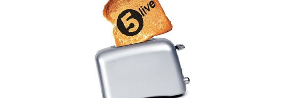 Toast popping out of a toaster with the 5 live logo on it