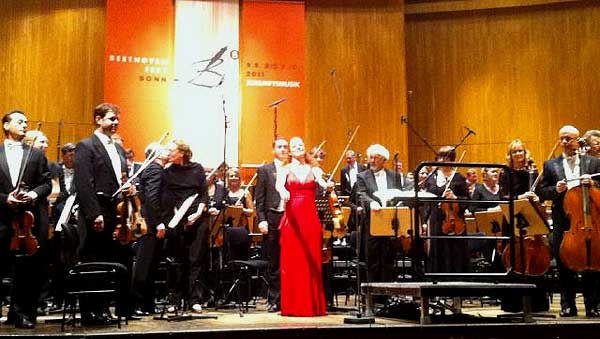 Photo: Soloist Carolin Widdmann takes her applause after the premiere of Rebecca Saunders' violin concerto