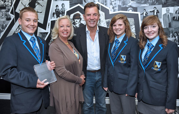Oliver, Abigail and Aimee from Lincoln Castle Academy with Dragons, Duncan Bannatyne and Deborah Meaden from the BBC's Dragons' Den
