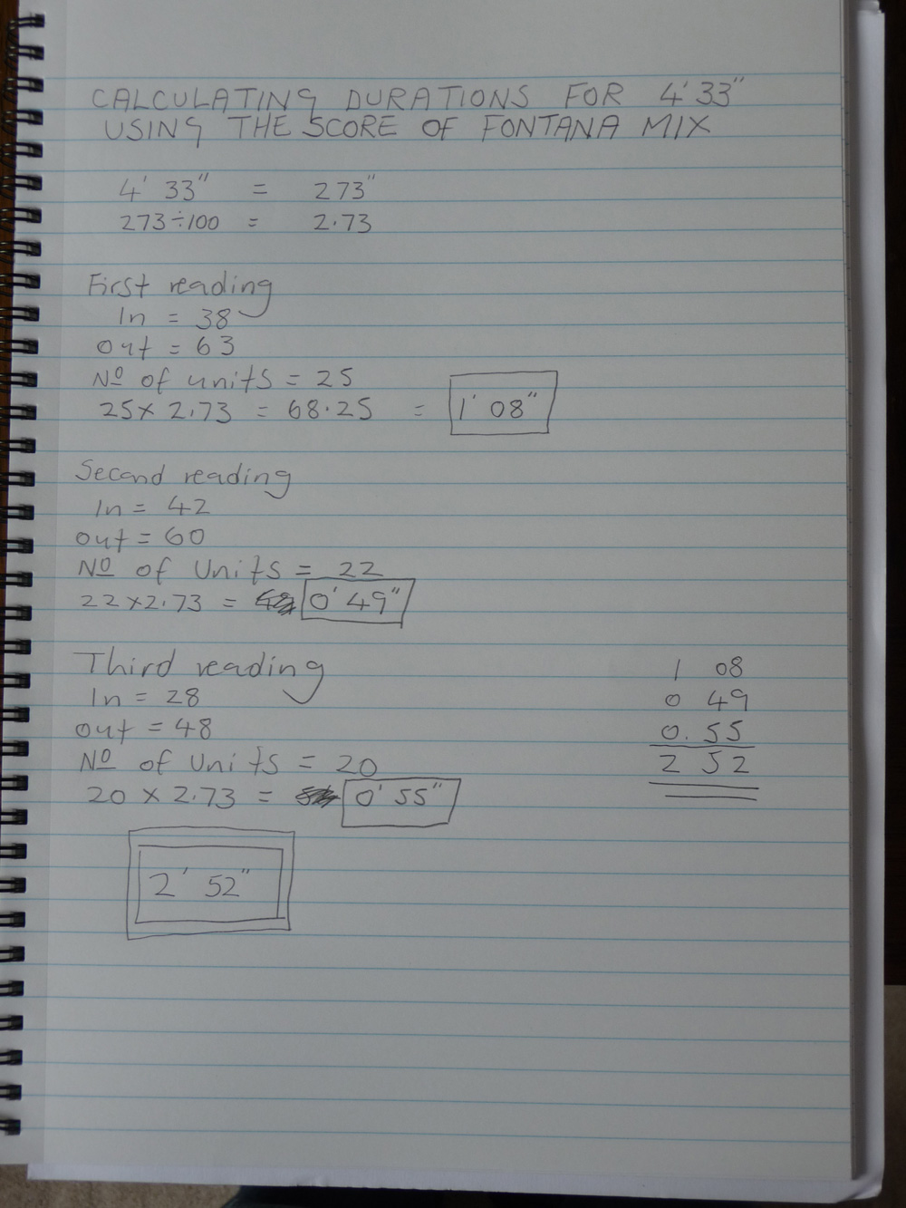 the calculations that were made to realise John Cage's 4'33