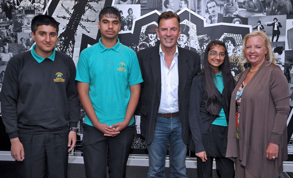 Satnaam, Mohameen and Amaan from Laisterdyke Business and Enterprise College in Bradford with Duncan Bannatyne and Deborah Meaden from the BBC's Dragons' Den