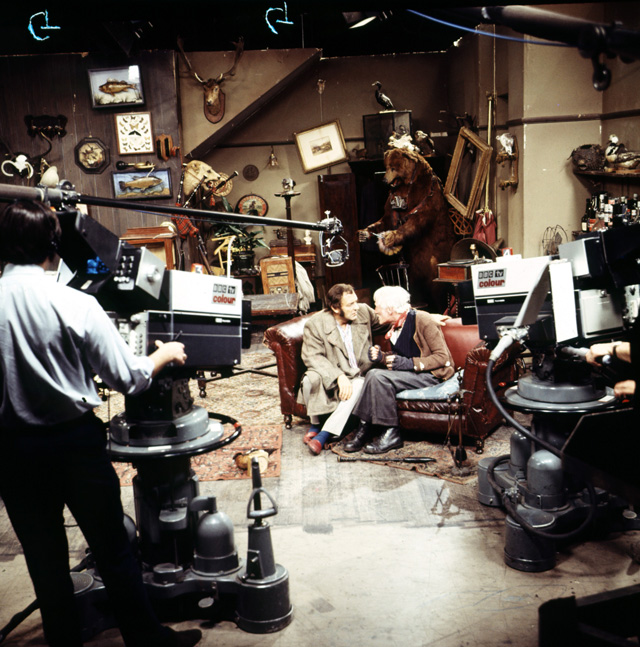 Harry H. Corbett and Wilfrid Brambell on set filming Steptoe and Son.