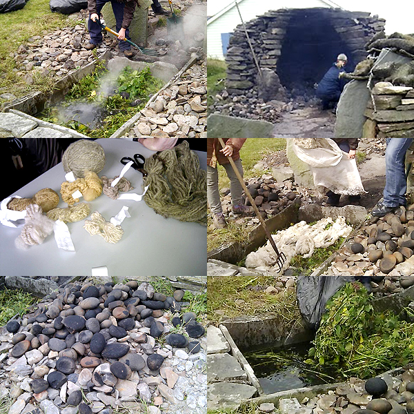 Photographs of the Burnt Mound, heating up the rocks, adding in the nettles, the fleece, mixing and finally, the wool.