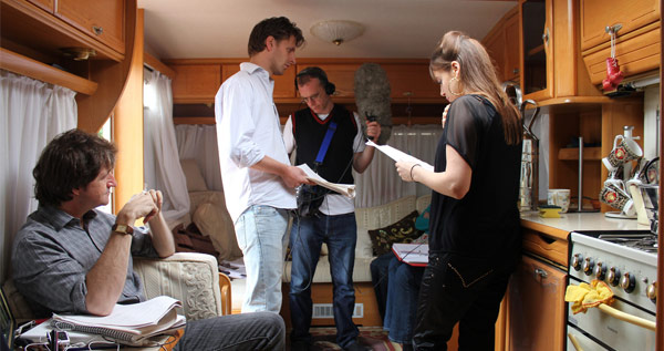 Cast of BBC Radio 4 Afternoon Play Atching Tan on set.